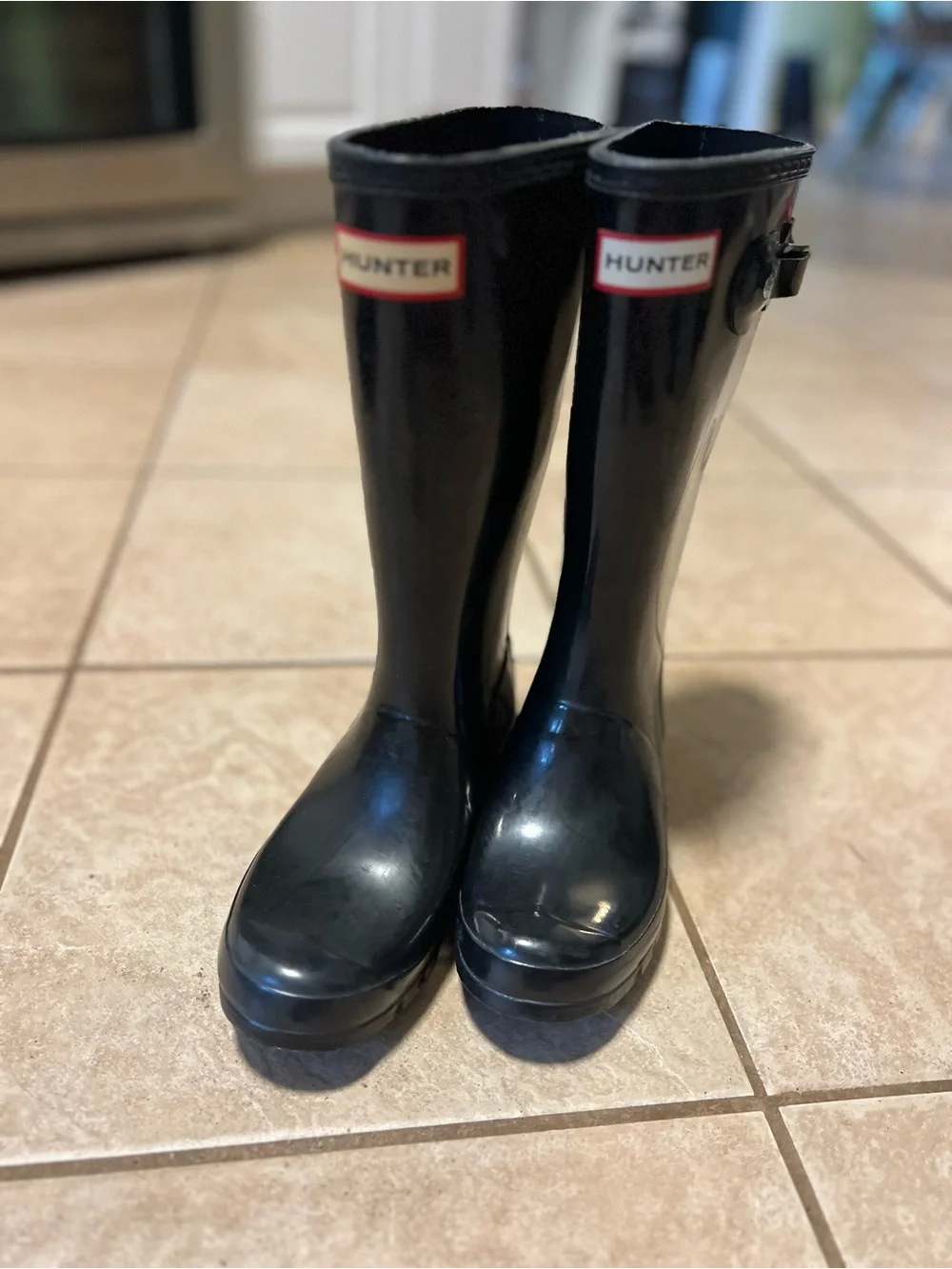 Hunter Black Gloss Mid-Calf Rain Boots with Side Buckle